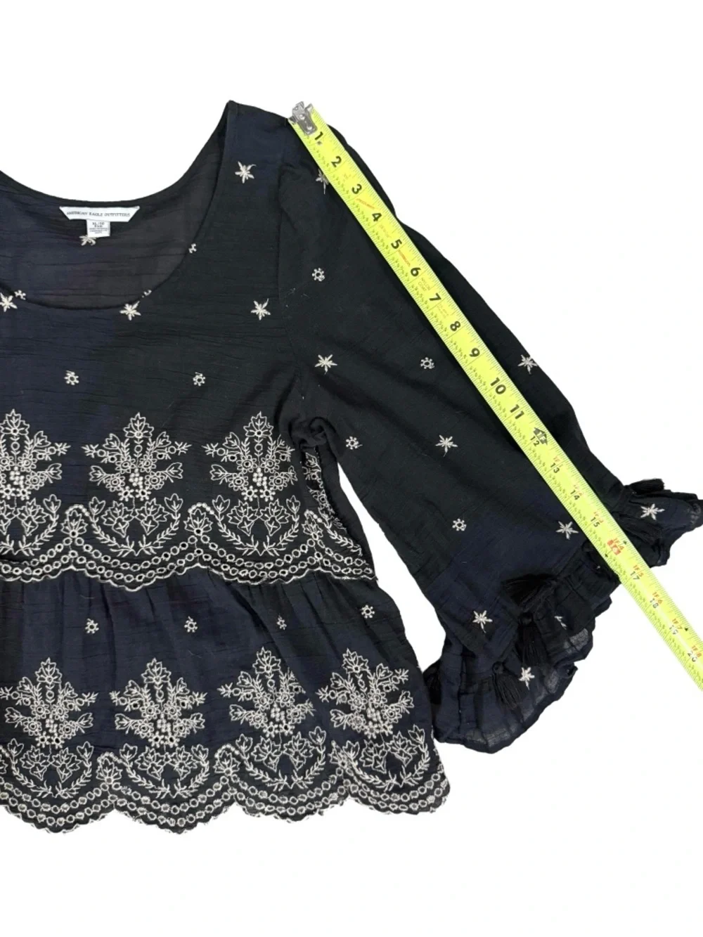 American Eagle Black Embroidered Bell Sleeve Cropped Blouse With Tassels | XL - Picture 6 of 7